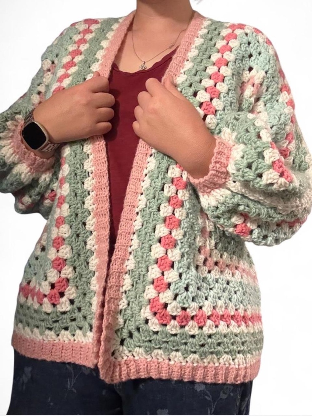 Handmade Crochet Granny Square Cardigan - Mints, Pinks & white